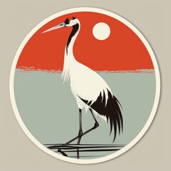Fototapeta premium A long-necked bird silhouetted against a red and blue sunset sky Sun resides behind