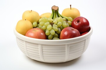 A photo of fresh fruits in bowl on white background