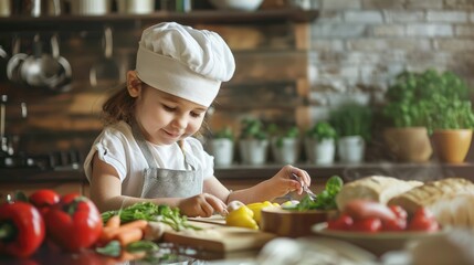 A toddler in a chefs hat is chopping vegetables on a cutting board, preparing natural foods for a...