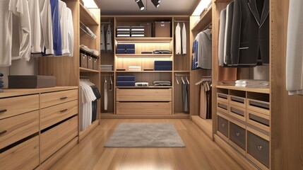 Closet with towels and other clothes in modern dressing room interior
