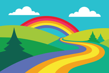 Winding Road Rainbow Nature Landscape Scenery vector Illustration