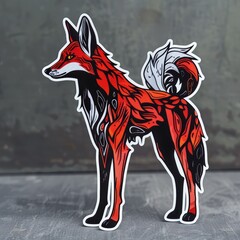 Fototapeta premium A red and black fox sticker on a wooden table against a gray wall with peeling paint
