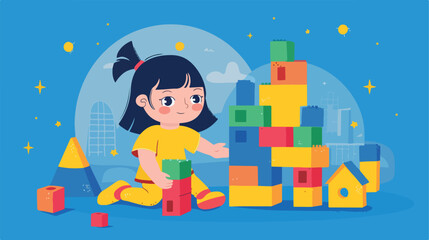 Cute little girl playing with building blocks on blue