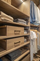 Closet with towels and other clothes in modern dressing room interior