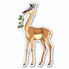   A sticker depicting a giraffe wearing a leaf on its head and a bird perched on its neck