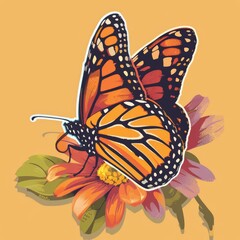   A butterfly atop a yellow background, with a pink flower in the foreground, bears its wings upon a bloom