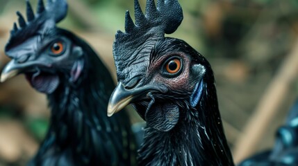 Black free-range farm chickens ayam cemani in nature against a backdrop of bright greenery in tropical countries

