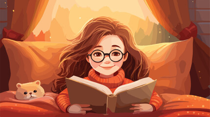 Cute little girl wearing glasses while reading book illustration