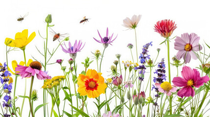 A beautiful spring flower field summer meadow, Natural colorful landscape with many wild flowers of daisies on white background , A frame with soft selective focus, Magical nature background blossom