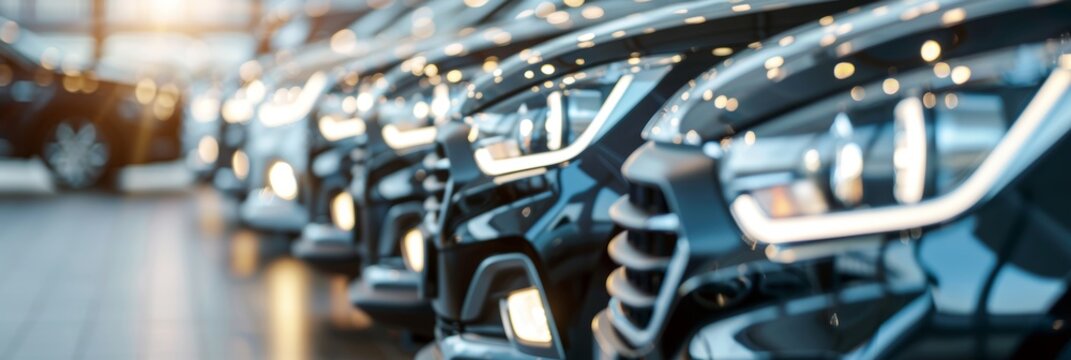 Modern black car displayed in luxury showroom for sale and rent at car dealership office