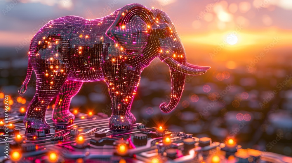 Sticker   A pink elephant atop a motherboard against a sunset backdrop