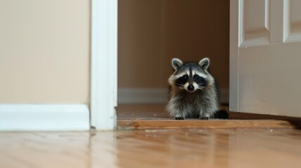   A raccoon sits before a door, gazing at the camera with a startled expression