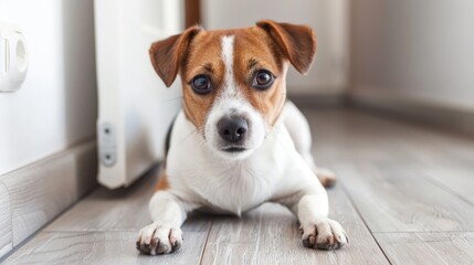   A brown-and-white dog lies on a wooden floor, near a radiator and a door