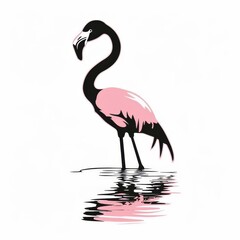 Obraz premium A pink flamingo wades in the water, submerging its head and legs