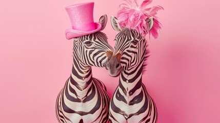 Fototapeta premium Two zebras, side by side One wears a pink hat