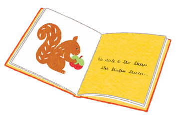 リスの絵のページを開いた、かわいい絵本