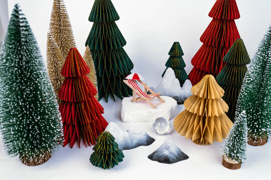 Christmas-themed desktop photo zone on a white background, side view