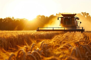 Fototapeta premium Seasonal wheat harvest by combine, concept of agricultural business, eco products 