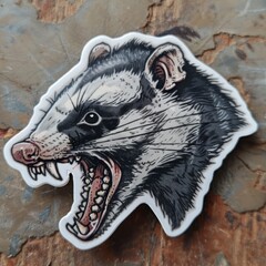   A sticker depicting a badger with its mouth agape and teeth slightly hanging from a tree
