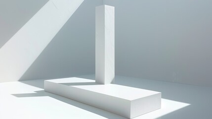   A white sculpture, casting a long shadow onto the floor, sits in the room's center against a white wall