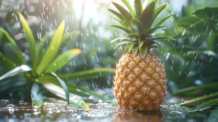   A pineapple atop a table, nearby, a verdant plant dripping with water-beaded leaves