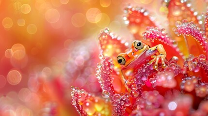   A frog perches atop a red flower, dotted with water droplets, against a blurred backdrop of soft, golden light