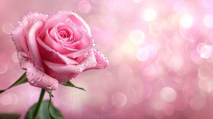   A tight shot of a pink rose, dewdrops glistening on its petals, against a backdrop of twinkling lights