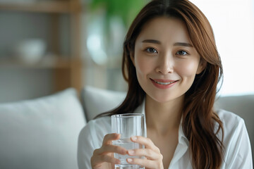Japanese woman in white shirt holding a glass of water smiling at the camera with a light living room background in the style of closeup portrait photography 