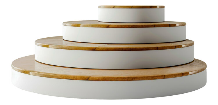 Modern tiered platforms in wood and white finish, cut out - stock png.