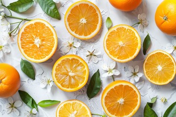 Fresh sliced oranges on white with blossoms and green leaves, vibrant and appealing display