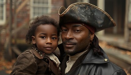 African american child boy and father in costume pirate