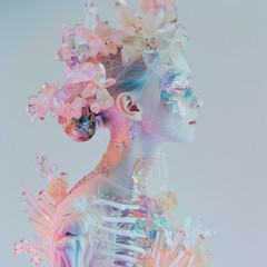 Fototapeta premium A woman with a flower crown on her head and a skeleton costume