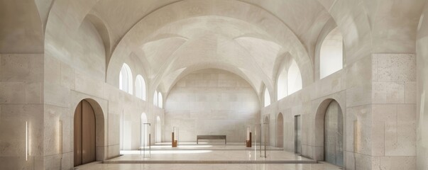 Cathedral transept with clean white marble minimalist arches defining sacred space