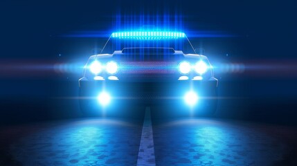 An illustration of realistic car headlights shining brightly on a transparent background. Auto headlights illuminate a dark road in the night, led or xenon lights beaming in the fog. Design elements