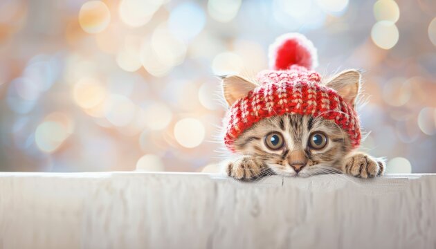 Adorable kitten in christmas hat peeking from behind blank banner in a playful manner
