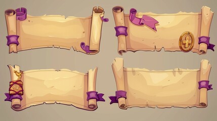 Set of cartoon ancient parchment scrolls isolated on a black background. Contains a magic papyrus roll, a blank treasure map template, and an antique royal decree decorated with ribbon and stamp. - obrazy, fototapety, plakaty