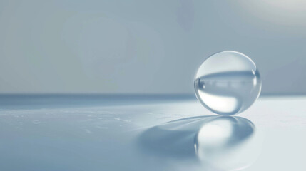 A clear ball is sitting on a blue surface