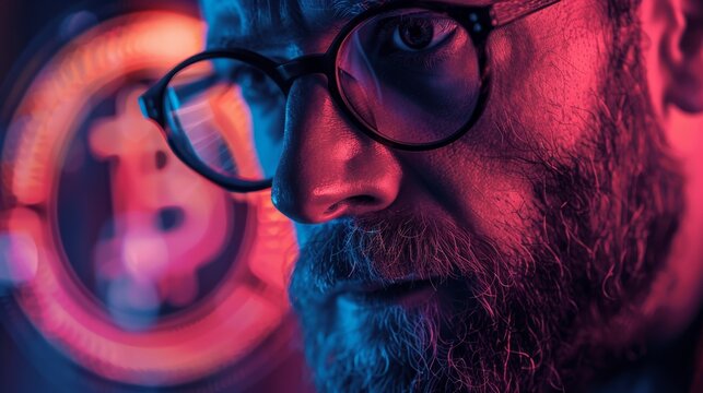 Close-Up of Man with Bitcoin Holographic Display. Close-up portrait of a bearded man with eyeglasses, intensely viewing a Bitcoin holographic interface. - Powered by Adobe