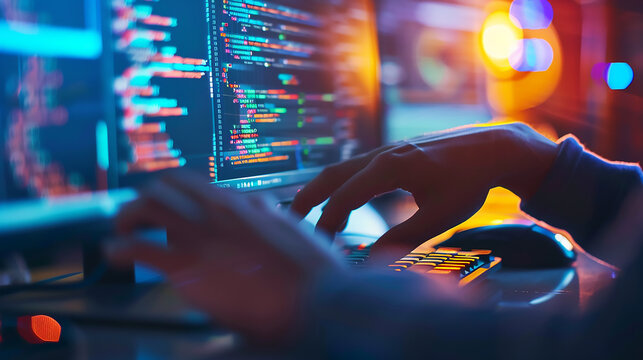 Network engineer patching vulnerabilities in the software with a close-up on their hands typing commands and the code on the screen illustrating maintenance and response to threats 