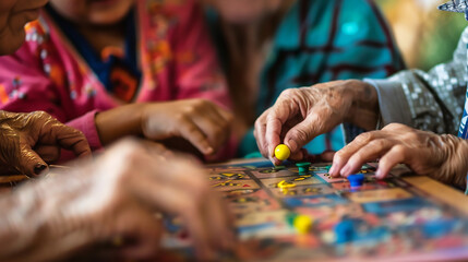 Photo of a family playing a board game with a close-up on the elderly hands moving a game piece illustrating the joy of shared activities 