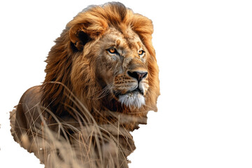 A 3D animated lion stalking a gazelle in tall grass, isolated on transparent background, PNG file