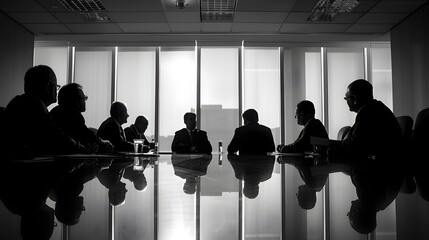 Silhouetted executives in a serious boardroom meeting