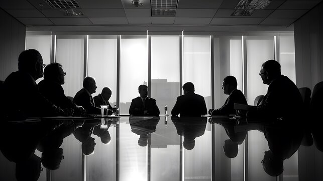 Silhouetted executives in a serious boardroom meeting