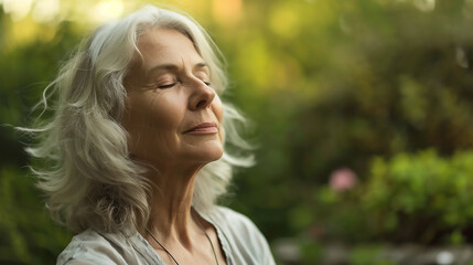 Photo of a senior woman practicing meditation in a peaceful garden with a close-up on her serene focused face reflecting inner peace  - Powered by Adobe