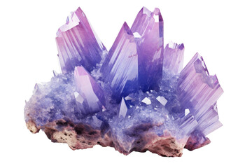 Majestic Amethyst Crystals Perched on a Mountain Peak. On a White or Clear Surface PNG Transparent Background.
