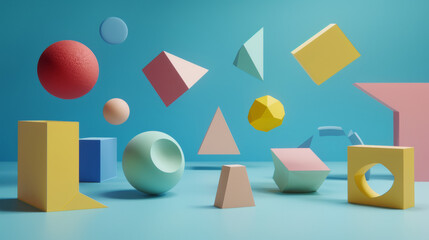 A colorful assortment of shapes and spheres are floating in the air