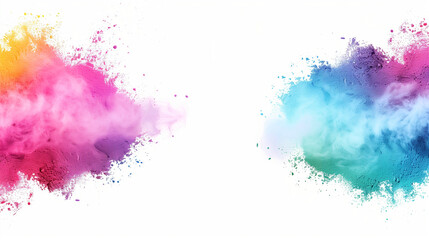 A colorful explosion of paint splatters on a white background. colors are vibrant, the splatters, a sense of energy. frame border with copy space of colorful rainbow holi paint color powder explosion