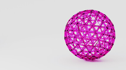 An electric blue automotive lighting inspired pink ball made of triangles, serving as a unique paperweight or body jewelry piece on a white background