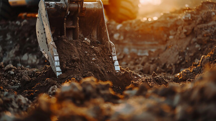 Fototapeta na wymiar Selective focus on metal bucket teeth of backhoe digging soil. Backhoe working by digging soil at construction site. Crawler excavator digging on soil. Earth moving machine. Excavation vehicle 
