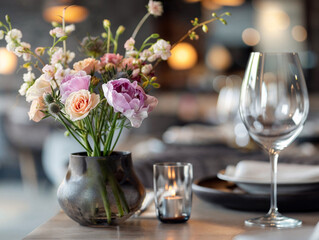 A flower vase adorns the table beside a wine glass in the interior design